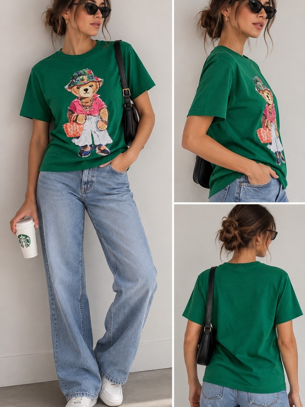 Green Graphic Tee with Teddy Motif - Women